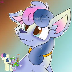 Size: 1250x1250 | Tagged: safe, artist:rainbow eevee, bon bon, sweetie drops, dog, earth pony, pony, g4, character to character, collar, cute, daaaaaaaaaaaw, eyelashes, gradient background, gradient eyes, grin, looking at something, male to female, paw patrol, rule 63, rule63betes, simple background, smiling, transformation, transgender transformation