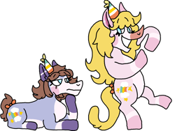 Size: 1032x774 | Tagged: safe, artist:circusfreak, oc, oc:tengo (rigbythememe), oc:una (rigbythememe), pony, unicorn, bow, female, hat, party, party hat, photo, siblings, simple background, sisters, smiling, standing, standing on one leg, transparent background, twin sisters, twins
