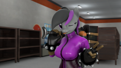 Size: 1280x720 | Tagged: safe, artist:magnetvox, oc, oc only, earth pony, anthro, 3d, ;p, bodysuit, clothes, female, gloves, one eye closed, peace sign, pyro (tf2), solo, source filmmaker, suit, team fortress 2, tongue out, weapon, wink