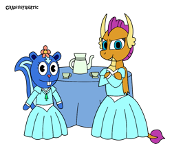 Size: 1065x974 | Tagged: safe, artist:gradiusfanatic, smolder, dragon, skunk, g4, clothes, crossover, cup, cute, dragoness, dress, duo, duo female, female, flower, folded wings, grin, happy tree friends, jewelry, looking at you, necklace, obscure crossover, petunia (happy tree friends), simple background, smiling, smiling at you, smolderbetes, table, tablecloth, tea party, teapot, transparent background, wings