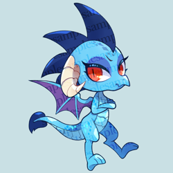 Size: 640x640 | Tagged: safe, artist:sibashen, princess ember, dragon, g4, blue background, chibi, crossed arms, cute, dragoness, emberbetes, female, gray background, obtrusive watermark, simple background, slit pupils, solo, watermark