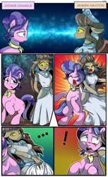 Size: 1280x2094 | Tagged: safe, artist:candyclumsy, cookie crumbles, queen haydon, oc, gargoyle, pony, unicorn, anthro, g4, anthro oc, clothes, comic, confused, dress, embarrassed, female, forced, fusion, magic, mare, merging, shocked