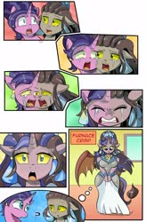 Size: 1280x1949 | Tagged: safe, artist:candyclumsy, artist:multi-commer, cookie crumbles, queen haydon, oc, oc:furnace crisp, gargoyle, pony, unicorn, anthro, g4, spoiler:comic, anthro oc, clothes, comic, confused, crying, dress, embarrassed, female, forced, fusion, fusion:furnace crisp, jewelry, magic, merging, regalia, shocked, thought bubble