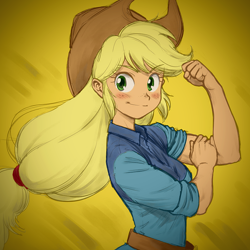 Size: 900x900 | Tagged: dead source, safe, artist:kosukegawa, color edit, edit, applejack, equestria girls, g4, beautiful, blushing, colored, cute, female, flexing, gradient background, hat, international women's day, jackabetes, looking at you, rosie the riveter, solo, we can do it!