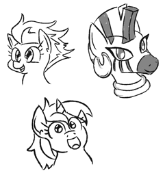 Size: 684x710 | Tagged: safe, artist:jargon scott, lyra heartstrings, spitfire, zecora, pegasus, pony, unicorn, zebra, g4, bust, female, grayscale, mare, monochrome, simple background, white background