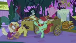 Size: 1920x1080 | Tagged: safe, screencap, candy apples, pinkie pie, g4, the summer sun setback, apple family member, cart, food, pie