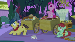 Size: 1920x1080 | Tagged: safe, screencap, candy apples, pinkie pie, g4, the summer sun setback, apple family member, belly, cart, female, food, imminent nom, imminent stuffing, mare, open mouth, pie, sitting, trio, uvula