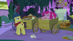 Size: 1920x1080 | Tagged: safe, screencap, pinkie pie, g4, the summer sun setback, cart, cheek bulge, clothes, duo, eating, eyes closed, female, food, gluttony, hammerspace belly, male, mare, pie, pinkie being pinkie, scarf, stallion, stuffing