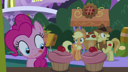 Size: 1920x1080 | Tagged: safe, screencap, applejack, braeburn, pinkie pie, earth pony, pony, g4, the summer sun setback, :p, applejack's hat, barrel, canterlot, cherry, cowboy hat, cupcake, cute, diapinkes, food, hat, looking at something, messy, night, open mouth, pie, raised hoof, stand, this will end in weight gain, tongue out, underhoof