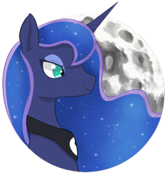 Size: 1253x1299 | Tagged: safe, artist:wild-thunder06, princess luna, alicorn, pony, g4, bust, ethereal mane, female, mare, moon, paypal, portrait, simple background, solo, starry mane, transparent background