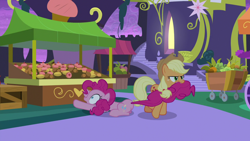 Size: 1920x1080 | Tagged: safe, screencap, applejack, pinkie pie, earth pony, pony, g4, the summer sun setback, applejack is not amused, biting, cupcake, dragging, food, food cart, mouth hold, reaching, tail, tail bite, tail pull, unamused