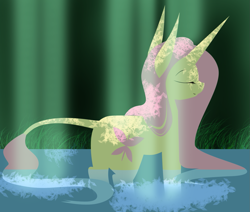 Size: 1413x1200 | Tagged: safe, artist:rainbow-smashed, fluttershy, pony, unicorn, g4, eyes closed, female, fluttershy (g5 concept leak), g5 concept leak style, g5 concept leaks, grass, leonine tail, mare, redesign, solo, standing in water, unicorn fluttershy, water