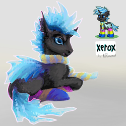 Size: 1080x1080 | Tagged: safe, artist:anoraknr, oc, oc only, oc:xerox, changeling, pony, pony town, blue changeling, clothes, fangs, holeless, lying down, male, scarf, simple background, socks, solo, striped socks