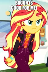 Size: 500x742 | Tagged: safe, edit, edited screencap, screencap, sunset shimmer, equestria girls, equestria girls specials, g4, my little pony equestria girls: better together, my little pony equestria girls: sunset's backstage pass, angry, bacon hair, caption, cropped, cute, female, geode of empathy, image macro, imgflip, impact font, king curtis, madorable, magical geodes, meme, solo, sunset shimmer is not amused, text, unamused