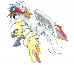Size: 1797x1575 | Tagged: safe, artist:oddwarg, oc, oc only, oc:oxford nimbus, oc:sulphur nimbus, hippogriff, pegasus, pony, butt feathers, community related, duo, female, flying, flying lesson, goggles, hippogriff oc, holding, hoof hold, male, spread wings, stallion, sulphur nimbus, traditional art, unamused, wings