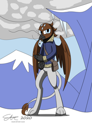 Size: 1920x2560 | Tagged: safe, artist:derpanater, oc, oc only, oc:gwen, griffon, fallout equestria, cigarette, clothes, commission, jacket, smoking, snow, standing, wings