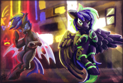 Size: 1400x942 | Tagged: safe, artist:tiothebeetle, oc, oc only, oc:mewu, oc:moonstone mark, changeling, pegasus, pony, blue changeling, city, crossover, implied fight, male, muscles, night, outdoors, posing for photo, window, yakuza 0