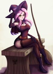 Size: 706x1000 | Tagged: safe, artist:the-park, fluttershy, human, g4, armpits, bench, breasts, broom, busty fluttershy, cleavage, clothes, evening gloves, female, fluttershy's cutie mark, gloves, hat, human coloration, humanized, long gloves, simple background, sitting, solo, witch, witch hat