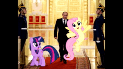 Size: 854x480 | Tagged: safe, fluttershy, twilight sparkle, g4, animated, cyrillic, female, irl, male, meme, music, parody, photo, russian, shitposting, song, sound, the pony machine learning project, vladimir putin, webm