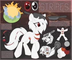 Size: 1280x1054 | Tagged: safe, artist:tiothebeetle, oc, oc only, oc:stripes, earth pony, pony, cooking pan, cutie mark, female, guide, pan, reference sheet, usb, usb cable, usb tail