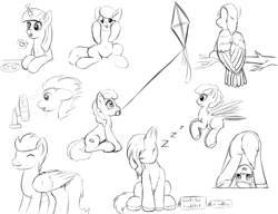 Size: 1300x1000 | Tagged: safe, artist:redquoz, oc, bird, bird pone, pegasus, pony, unicorn, bending, black and white, cheek squish, derp, drawpile, eyes closed, fan, female, flying, food, gooey, grayscale, horn, kite, looking at you, male, mare, marshmallow, monochrome, silly, silly pony, sitting, sitting in a tree, sleeping, squishy cheeks, stallion, tail feathers, unicorn oc