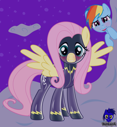 Size: 3840x4154 | Tagged: safe, artist:damlanil, fluttershy, rainbow dash, pegasus, pony, g4, blushing, clothes, costume, duo, female, latex, latex suit, lip bite, looking at you, mare, rubber, shadowbolts, shadowbolts (nightmare moon's minions), shadowbolts costume, shiny, show accurate, spread wings, spying, uniform, wings