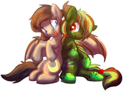 Size: 1024x765 | Tagged: safe, artist:tiothebeetle, oc, oc only, oc:crescent, oc:juniper jam, bat pony, earth pony, pony, back to back, cutie mark, female, membranous wings, simple background, transparent background, wings