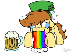 Size: 2732x2048 | Tagged: safe, artist:showtimeandcoal, oc, oc only, oc:tech magic, earth pony, pony, alcohol, beer, beer mug, clover, commission, drinking, drunk, hat, high res, holiday, mug, ponysona, puking rainbows, rainbow, simple background, solo, st patricks, transparent background, vomiting, ych result