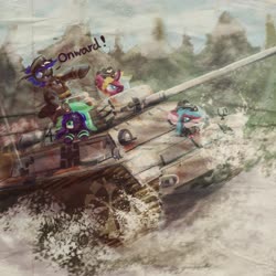 Size: 1024x1024 | Tagged: safe, artist:tiothebeetle, oc, oc:mewu, oc:moonstone mark, oc:silver rhodochrosite, balkenkreuz, blue changeling, clothes, forest, military, old, panzer, panzer iii, snow, tank (vehicle), text, tree, uniform, world war ii