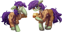 Size: 1024x531 | Tagged: safe, artist:tiothebeetle, oc, oc only, earth pony, pony, burlap, clothes, female, glasses, male, pants, shirt, simple background, transparent background, twins