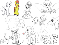 Size: 1300x1000 | Tagged: safe, artist:redquoz, big macintosh, derpy hooves, oc, earth pony, gardevoir, pony, totodile, unicorn, g4, backpack, belly, blank flank, cheek squish, ear fluff, earth pony oc, female, food, hat, horn, male, mare, muffin, nope, pigtails, pokémon, ponytail, reading, sketch, sketch dump, squishy cheeks, stallion, tangled up, underp, unicorn oc, vr headset, wizard, wizard hat, wizard robe