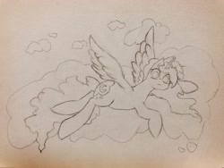 Size: 4032x3024 | Tagged: safe, artist:papersurgery, princess luna, alicorn, pony, g4, cloud, female, looking at you, lying down, lying on a cloud, mare, monochrome, on a cloud, sketch, solo, traditional art