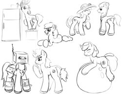 Size: 1300x1000 | Tagged: safe, artist:redquoz, oc, oc:red bark, bird, earth pony, pony, robot, unicorn, balancing, ball, balloon, black and white, blushing, cardboard, clothes, confusion, earth pony oc, fancy, grayscale, happy, hat, hooves, horn, leonine tail, male, monochrome, on side, playing, ponysona, refrigerator, sketch, sketch dump, smiling, squishy, stallion, stretching, suit, unicorn oc