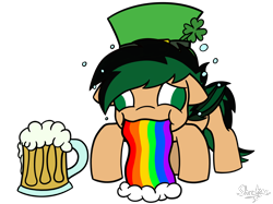 Size: 2732x2048 | Tagged: safe, artist:showtimeandcoal, oc, oc only, oc:melting, bat pony, pony, alcohol, beer, beer mug, clover, commission, drinking, drunk, hat, high res, holiday, mug, ponysona, puking rainbows, rainbow, simple background, solo, st patricks, transparent background, vomit, vomiting, ych result