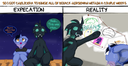Size: 3297x1700 | Tagged: safe, artist:frist44, oc, oc:chelicera, oc:frist, changeling, dracony, dragon, hybrid, pony, beans, bojack horseman, changeling oc, comic, conspiracy, conspiracy theory, dialogue, expectation vs reality, food, green changeling, it's always sunny in philadelphia, pepe silvia