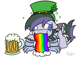 Size: 2732x2048 | Tagged: safe, artist:showtimeandcoal, oc, oc only, oc:vintage collection, cat, hippogriff, pony, alcohol, beer, beer mug, burb, cat burb, clover, commission, drinking, drunk, hat, high res, holiday, mug, ponysona, puking rainbows, rainbow, simple background, solo, st patricks, transparent background, vomit, vomiting, ych result
