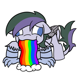 Size: 1994x2001 | Tagged: safe, artist:showtimeandcoal, oc, oc only, oc:vintage collection, cat, hippogriff, pony, burb, cat burb, commission, ponysona, puking rainbows, rainbow, simple background, solo, transparent background, vomit, vomiting, ych result