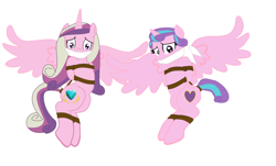 Size: 4200x2544 | Tagged: safe, artist:brightstar40k, artist:radiantrealm, artist:xplanetary, princess cadance, princess flurry heart, alicorn, pony, g4, arm behind back, base used, bondage, bound and gagged, cloth gag, damsel in distress, female, femsub, gag, kidnapped, mare, mother and child, mother and daughter, older, older flurry heart, rope, rope bondage, scared, show accurate, simple background, spread wings, submissive, white background, wings, worried