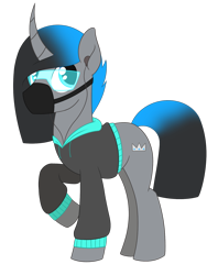 Size: 1347x1699 | Tagged: safe, artist:dyonys, oc, oc:aoi hiko, pony, unicorn, clothes, curved horn, earbuds, glasses, hoodie, horn, male, mask, raised hoof, show accurate, simple background, stallion, transparent background
