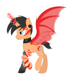 Size: 2187x2431 | Tagged: safe, artist:dyonys, pony, unicorn, amputee, artificial wings, augmented, borderlands, borderlands 3, broken horn, choker, ear piercing, earring, fangs, high res, horn, jewelry, magic, magic wings, male, piercing, ponified, prosthetic limb, prosthetics, raised hoof, show accurate, simple background, stallion, tattoo, transparent background, troy calypso, wings