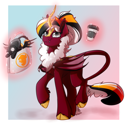Size: 4000x4000 | Tagged: safe, artist:witchtaunter, pony of shadows, oc, oc only, bat pony, kirin, pony, absurd resolution, bag, bat kirin, bat pony oc, bat wings, coffee cup, commission, cup, cute, cute little fangs, fangs, female, gradient background, kirin oc, mare, plushie, solo, wings