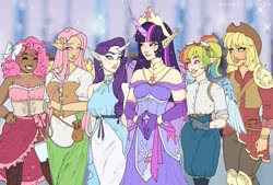 Size: 1080x731 | Tagged: safe, artist:bunniiibabe, applejack, fluttershy, pinkie pie, rainbow dash, rarity, twilight sparkle, human, g4, alicorn humanization, alternate hairstyle, applejack's hat, armor, bandaid, belt, big crown thingy, blushing, boots, bow, clothes, corset, cowboy hat, curved horn, dark skin, dress, ear piercing, earring, element of magic, elf ears, eyes closed, eyeshadow, fantasy, female, gloves, goggles, hair bow, hat, horn, horned humanization, humanized, jewelry, knee pads, lipstick, makeup, mane six, pants, piercing, ponytail, pouch, regalia, ring, robe, shoes, shoulder pads, skirt, socks, stockings, thigh highs, unicorns as elves, winged humanization, wristband