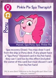 Size: 640x884 | Tagged: safe, artist:asajiopie01, pinkie pie, earth pony, pony, twilight sparkle's secret shipfic folder, g4, spa pony, spa pony pinkie pie, text, trading card