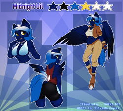 Size: 1334x1200 | Tagged: safe, artist:hakkids2, oc, oc only, oc:midnight oil, pegasus, anthro, unguligrade anthro, belly button, clothes, female, fingerless gloves, freckles, gloves, jacket, midriff, smiling, spread wings, steampunk, wings