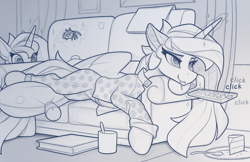 Size: 2100x1357 | Tagged: safe, artist:yakovlev-vad, princess celestia, princess luna, alicorn, pony, spider, g4, clothes, concave belly, couch, duo, female, magic, mare, monochrome, pajamas, prank, prone, remote control, royal sisters, siblings, sisters, sketch, slender, soon, telekinesis, thin, this will end in a trip to the moon, this will end in tears and/or a journey to the moon, this will not end well