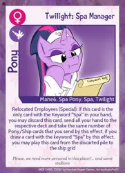 Size: 640x884 | Tagged: safe, artist:asajiopie01, twilight sparkle, alicorn, pony, twilight sparkle's secret shipfic folder, g4, spa pony, spa pony twilight sparkle, text, trading card, twilight sparkle (alicorn)