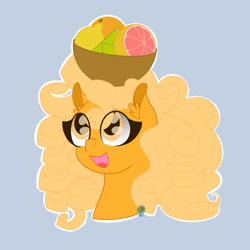 Size: 1280x1280 | Tagged: safe, artist:eillahwolf, oc, oc:orange delight, bowl, food, grapefruit, herbivore, lemon, lime, mixed fruit, orange, smiling