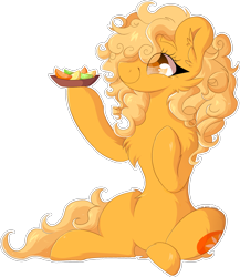 Size: 1634x1879 | Tagged: safe, artist:woonborg, oc, oc only, oc:orange delight, pony, bowl, cheek fluff, chest fluff, commission, food, lemon, lime, mixed fruit, orange, raising hoof, simple background, solo, transparent background