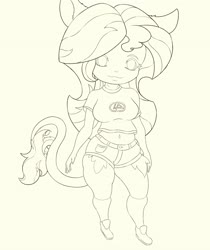 Size: 3441x4096 | Tagged: safe, artist:greed, sunset shimmer, human, equestria girls, g4, breasts, busty sunset shimmer, clothes, digital art, female, kneesocks, leonine tail, lineart, monochrome, pony ears, shorts, socks, solo, tail