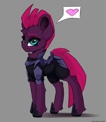 Size: 2400x2750 | Tagged: safe, artist:skitsroom, tempest shadow, pony, unicorn, g4, blushing, broken horn, cheek fluff, chest fluff, cute, eye scar, female, gray background, heart, high res, horn, leg fluff, mare, pictogram, scar, simple background, sketch, solo, tempestbetes